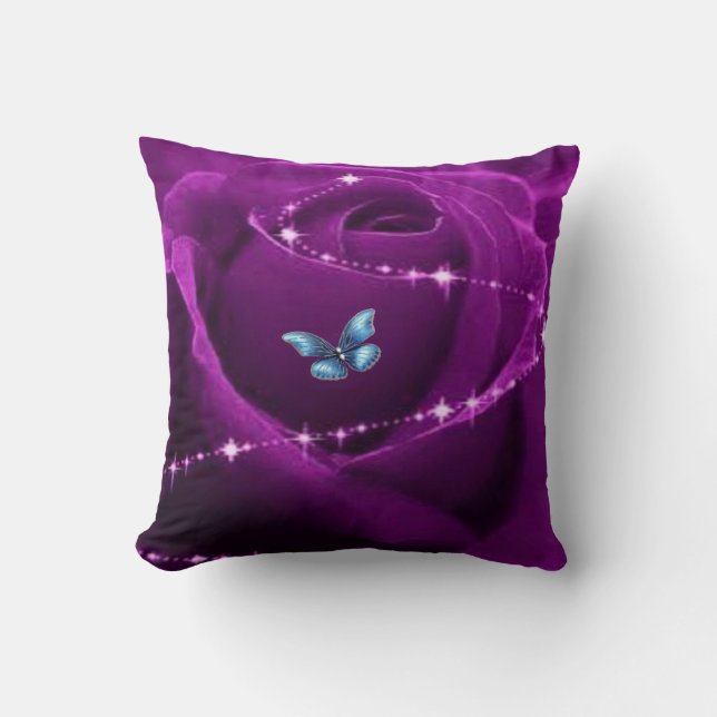purple rose and blue butterfly throw pillow (Front)