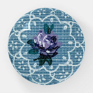 Purple Rose and Doily Pretty Vintage Blue Paperweight