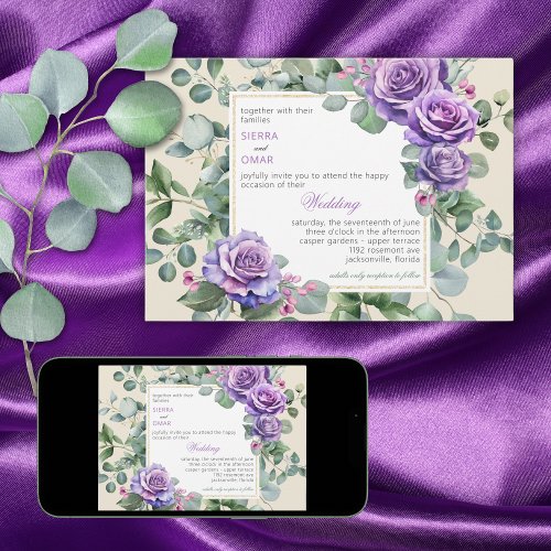 Purple Rose and Eucalyptus Wedding Invitation
