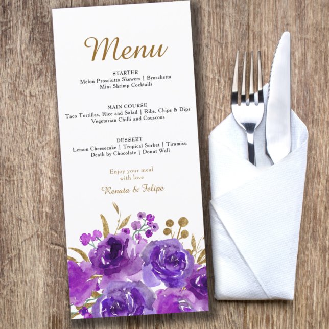 Purple Rose and Gold Leaf Editable 3 Course Menu (Creator Uploaded)