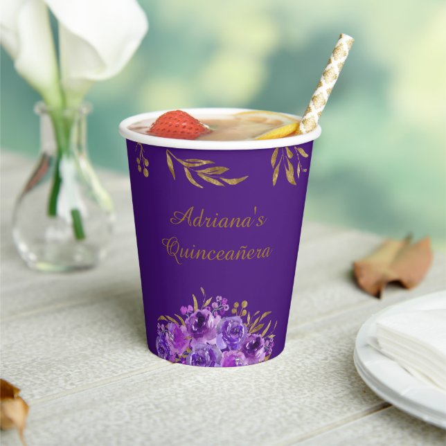Purple Rose and Gold Leaf Elegant Special Occasion Paper Cups (Insitu)