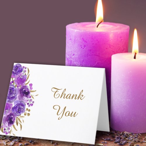 Purple Rose and Gold Leaf Floral Thank You Card