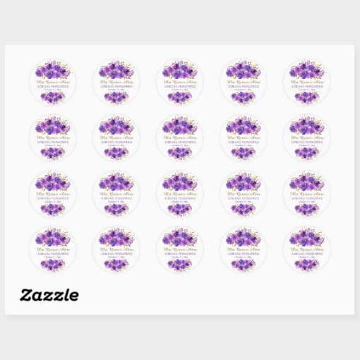 Purple Rose and Gold Leaf Mis Quince Anos Classic Round Sticker | Zazzle