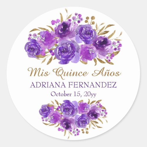 Purple Rose and Gold Leaf Mis Quince Anos Classic Round Sticker