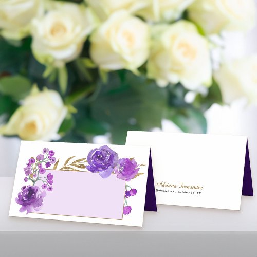 Purple Rose and Gold Leaf Name Plate Place Card