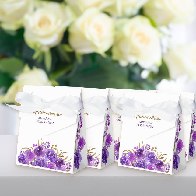Purple Rose and Gold Leaf Personalized Floral Favor Boxes (Blue rose floral favor boxes from my Rose and Gold Leaf quinceanera collection)
