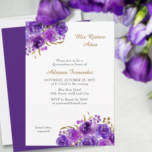 Purple Rose and Gold Leaf Quince Anos Quinceanera Invitation
