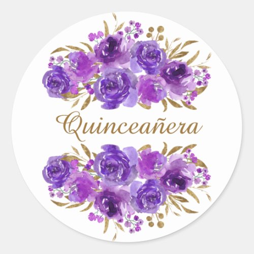 Purple Rose and Gold Leaf Quinceanera Classic Round Sticker