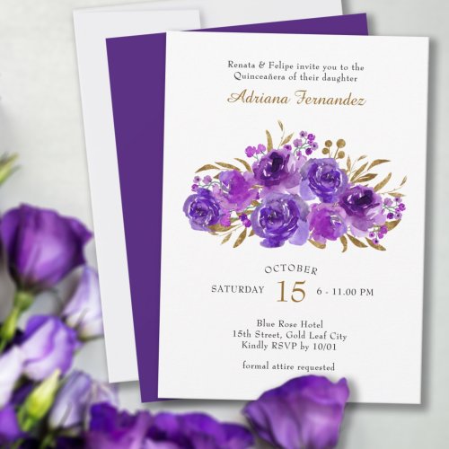 Purple Rose and Gold Leaf Quinceanera Invitation
