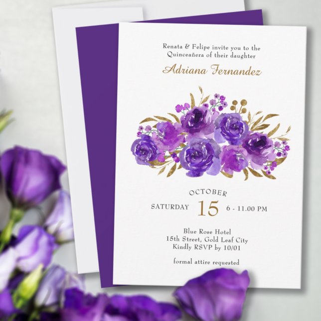 Purple Rose and Gold Leaf Quinceanera Invitation (Creator Uploaded)