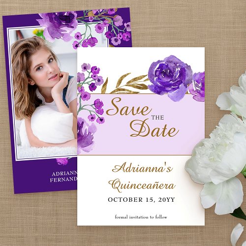 Purple Rose and Gold Leaf Quinceanera Photo Save The Date