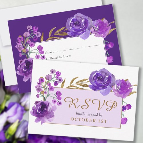 Purple Rose and Gold Leaf Quinceanera RSVP Card