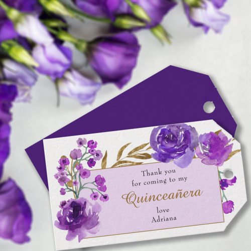 Purple Rose and Gold Leaf Quinceanera Thank You Gift Tags