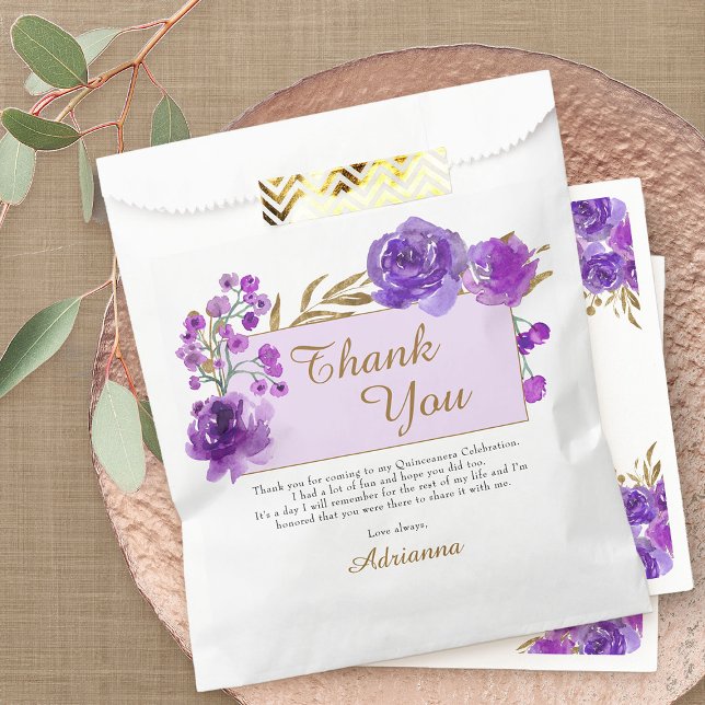 Purple Rose and Gold Leaf Thank You Party Favor Bag (Purple floral favor bags from my Rose and Gold Leaf quinceanera collection)