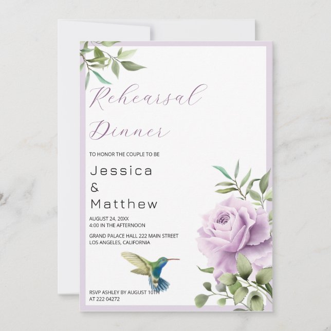 Purple Rose and  Hummingbird Rehearsal Dinner Invitation (Front)