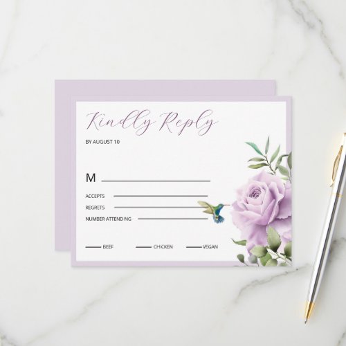 Purple Rose and  Hummingbird   RSVP Card