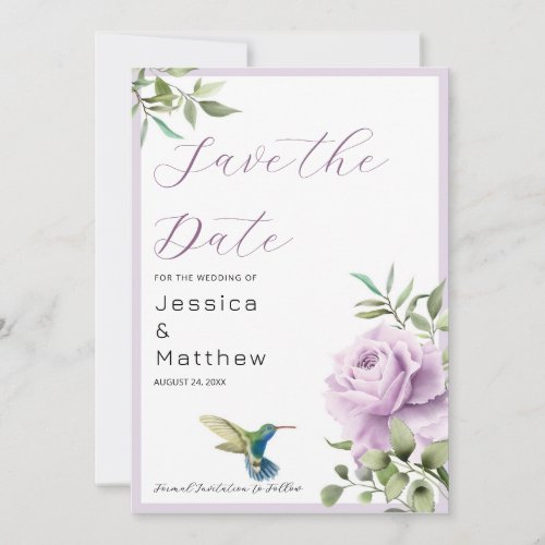 Purple Rose and  Hummingbird Save The Date