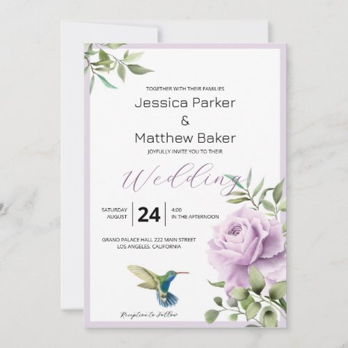 Purple Rose and  Hummingbird Wedding Invitation