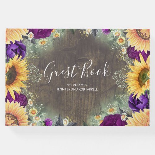 Purple Rose and Sunflower Rustic Fall Wedding Guest Book