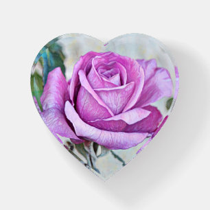 Purple Rose Art Glass Heart Paperweight