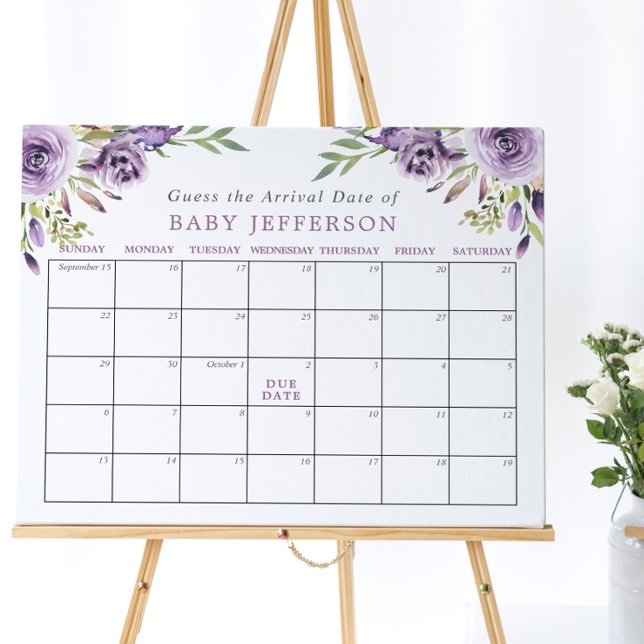 Purple Rose Baby Shower Guess Due Date Calendar Poster (Creator Uploaded)