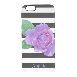 Purple Rose, Black and White Stripes-Personalized Clear iPhone 6/6S Case