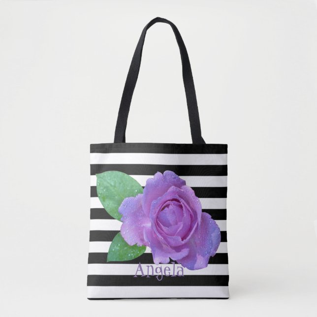 Purple Rose, Black, White Stripes Personalized Tote Bag (Front)