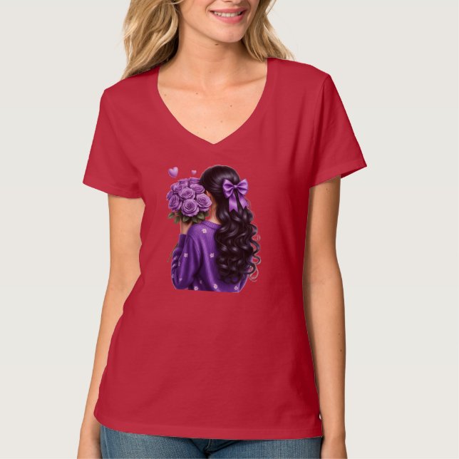 Purple Rose Bouquet Girl Digital Art T-Shirt (Front)