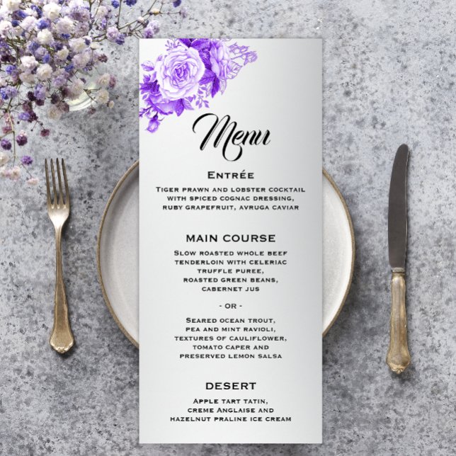 Purple Rose Bouquet Shimmering Silver Wedding  Menu (Creator Uploaded)