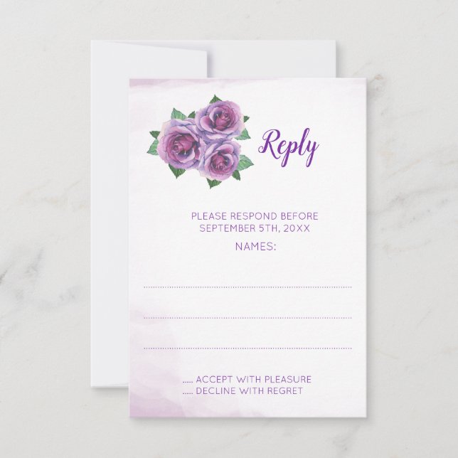 Purple Rose Bouquet Wedding Reply Cards (Front)