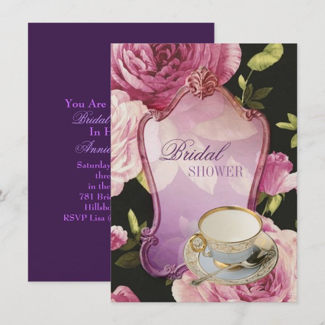 purple rose Bridal Shower Tea Party Invitation (Front/Back)