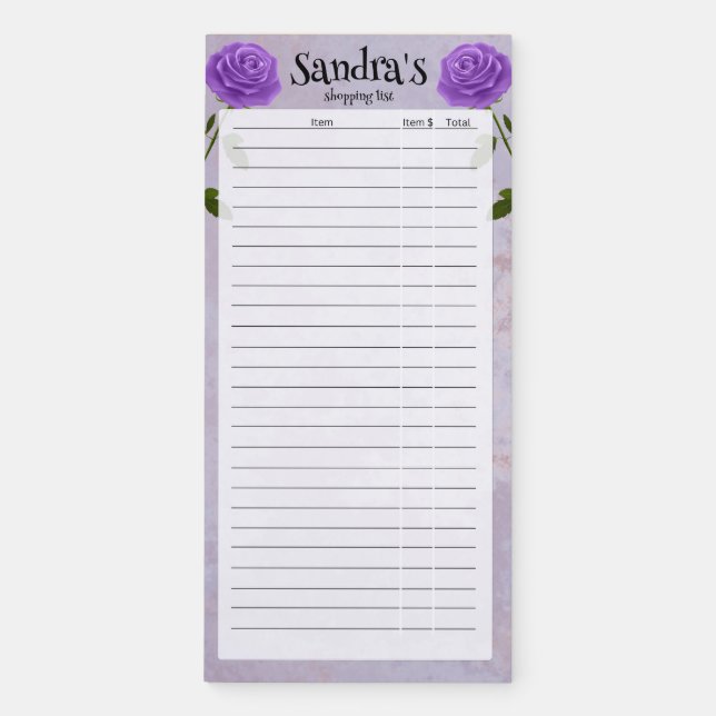 Purple Rose Budget Shopping List Magnetic Notepad (Front)