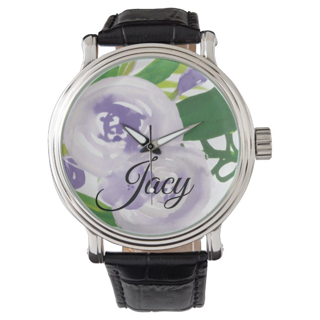 Purple Rose Buds Script Name Mothers Day Watch (Front)