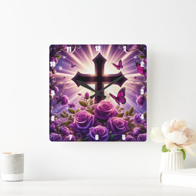  Purple Rose Butterflies Radiant Cross Square Wall Clock (Home)