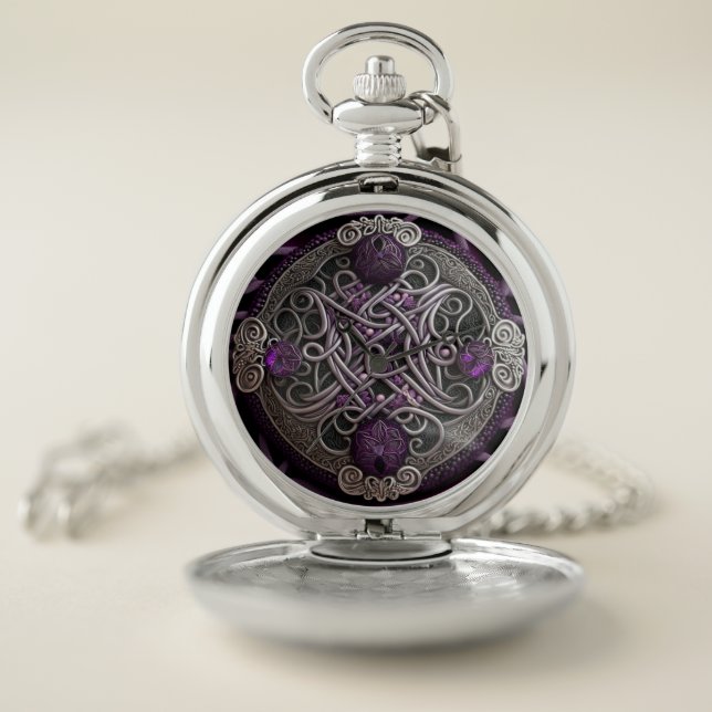 Purple Rose Celtic Knot Wrapping Paper Pocket Watch (Inside)