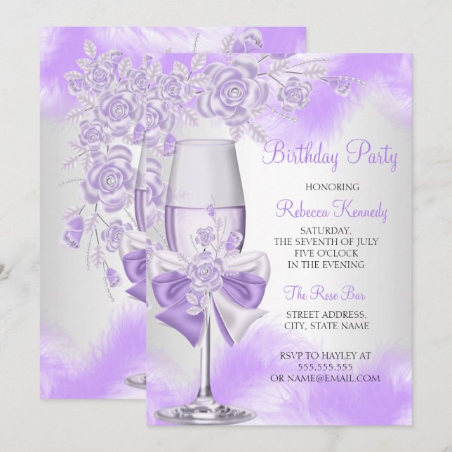 Purple Rose Champagne White Floral Party Invitation (Front/Back)