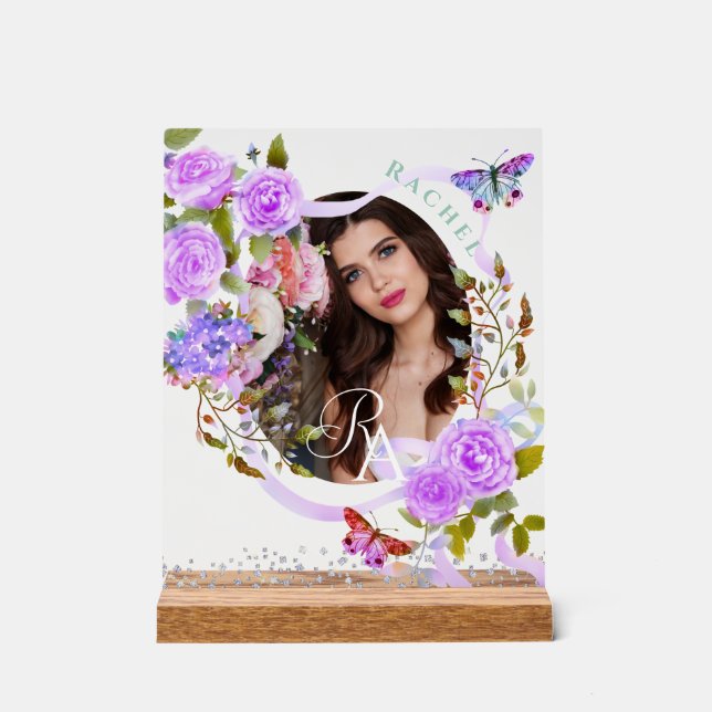 Purple Rose Chic Monogram Photo  Acrylic Sign (Front)