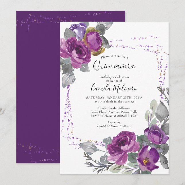 Purple Rose Confetti Frame Floral Quinceanera  Invitation (Front/Back)