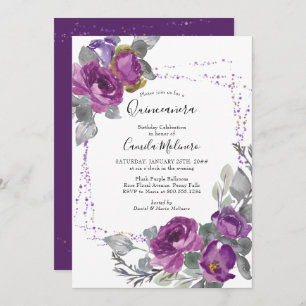 Purple Rose Confetti Frame Floral Quinceanera Invitation
