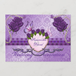 Purple Rose Damask Wedding Invitation