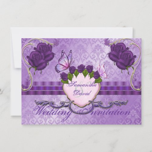 Purple Rose Damask Wedding Invitation