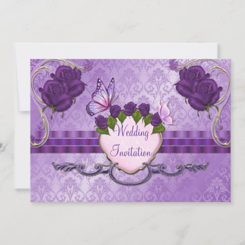 Purple Rose Damask Wedding Invitation