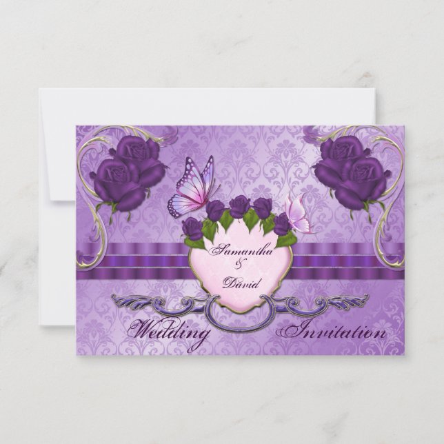 Purple Rose Damask Wedding Invitation Card (Front)