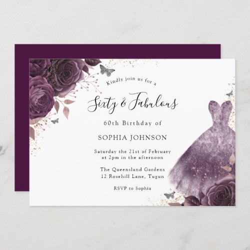 Purple Rose Dress 60th Birthday Sixty  fabulous Invitation