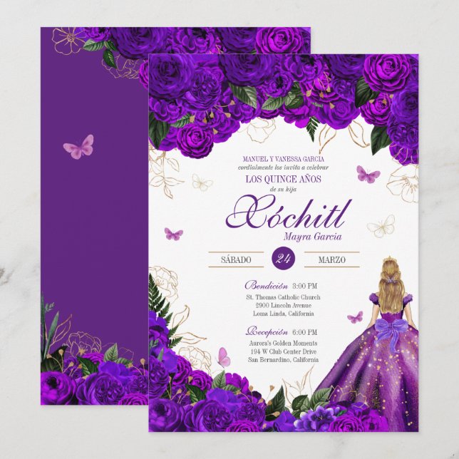 Purple Rose Elegant Floral & Butterfly Quinceañera Invitation (Front/Back)