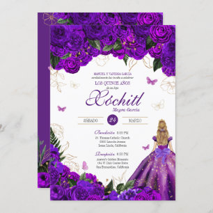Purple Rose Elegant Floral & Butterfly Quinceañera Invitation