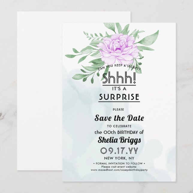Purple Rose Eucalyptus 40th Birthday Save The Date (Front/Back)
