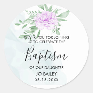 Purple Rose Eucalyptus Leaves Baptism Thank you Classic Round Sticker
