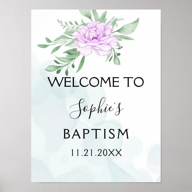 Purple Rose Eucalyptus Leaves Baptism Welcome Poster (Front)