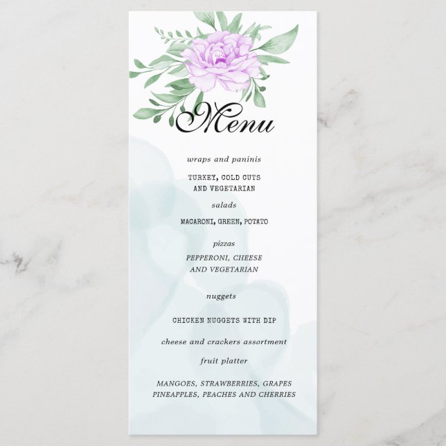 Purple Rose Eucalyptus Leaves Birthday Party Menu (Front)